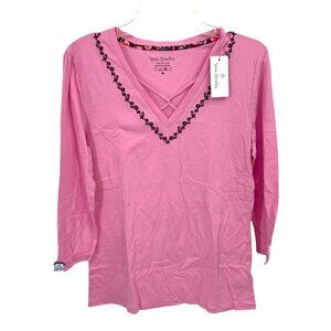 Vera Bradley Pink Embroidered Neckline V-Neck Sleep Shirt, M NWT